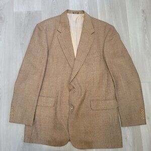 Oscar De La Renta Wool Tweed Brown Houndstooth Blazer Jacket With Pocket Square